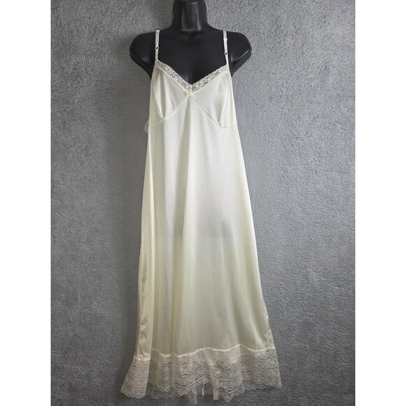 VTG Jacyra Slip Dress Womens L Ivory Lace Trim Adjustable Straps Maxi Made USA - Picture 1 of 8